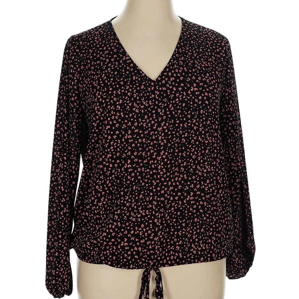 West Kei Black V-Neck Long Sleeve Blouse with Pink Ditsy Print